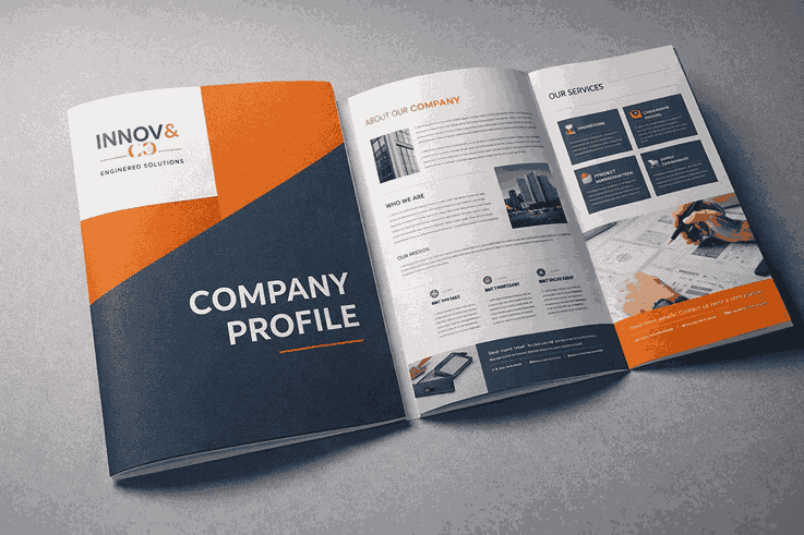Premium company profile mockup with professional layout, bold branding elements, sharp typography, and modern corporate design presentation