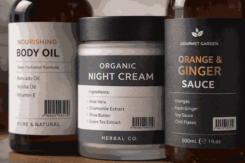 Close-up view of professionally designed product labels on bottles and jars, featuring clean typography, ingredients, barcode, and branding by a LABEL DESIGNER NEAR ME.