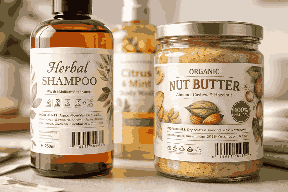Close-up of professionally designed product labels on bottles and jars by a label designer in India