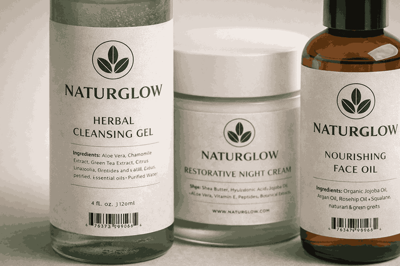 Close-up view of product labels on bottles and jars with clean typography, clear ingredient sections, barcode and premium matte label finish