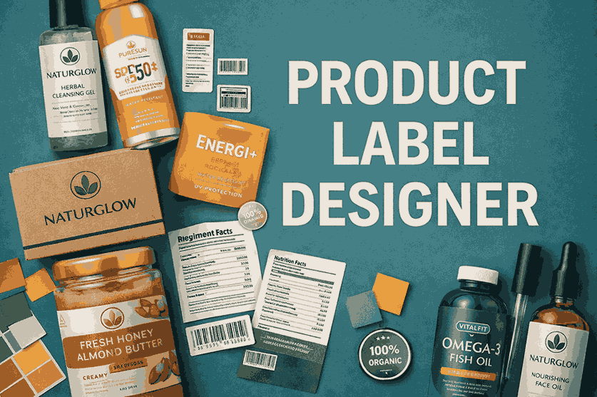 Product Label Designer cover image showcasing professional label designs for bottles, boxes, jars, and packaging products