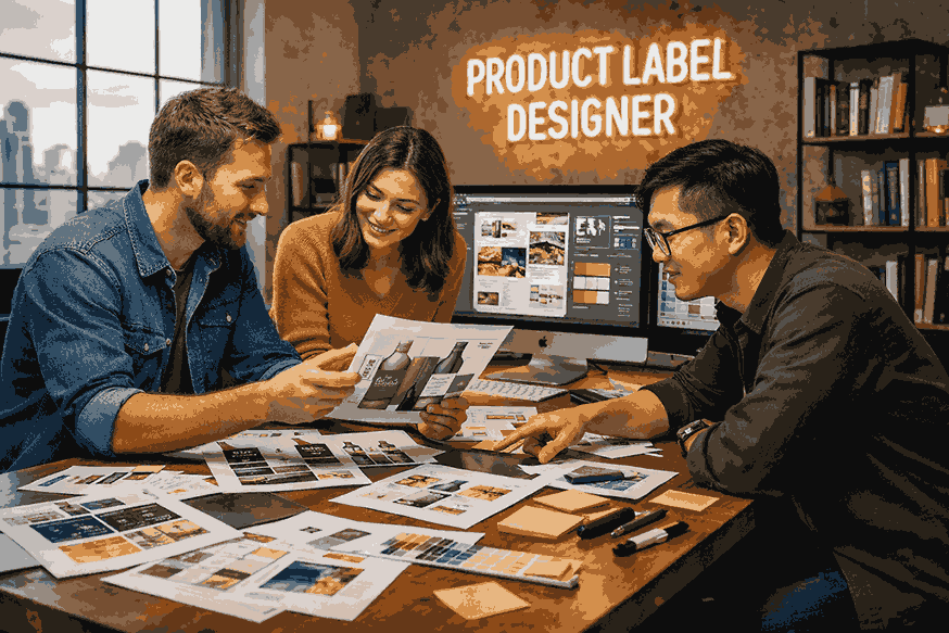 Product Label Designer team collaborating on premium packaging and label design layouts in a modern creative studio workspace
