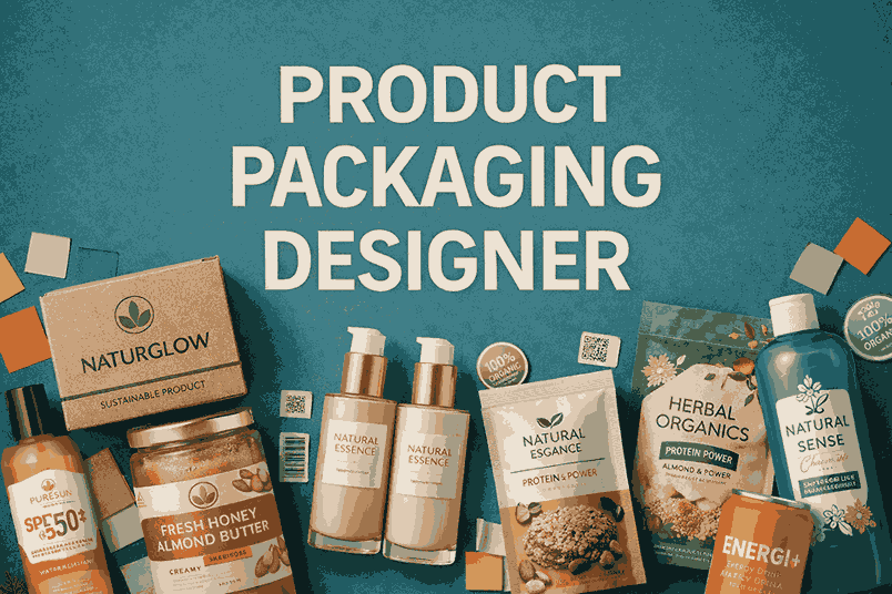 Product packaging designer cover image showcasing cosmetic, food, organic and eco-friendly packaging designs