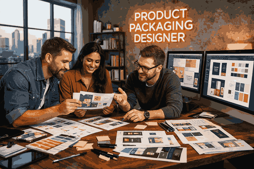 Product packaging designer team collaborating in a modern creative studio with packaging layouts and branding materials
