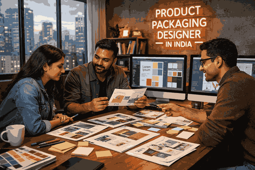 Product Packaging Designer in India collaborating in a modern creative studio on premium packaging design layouts