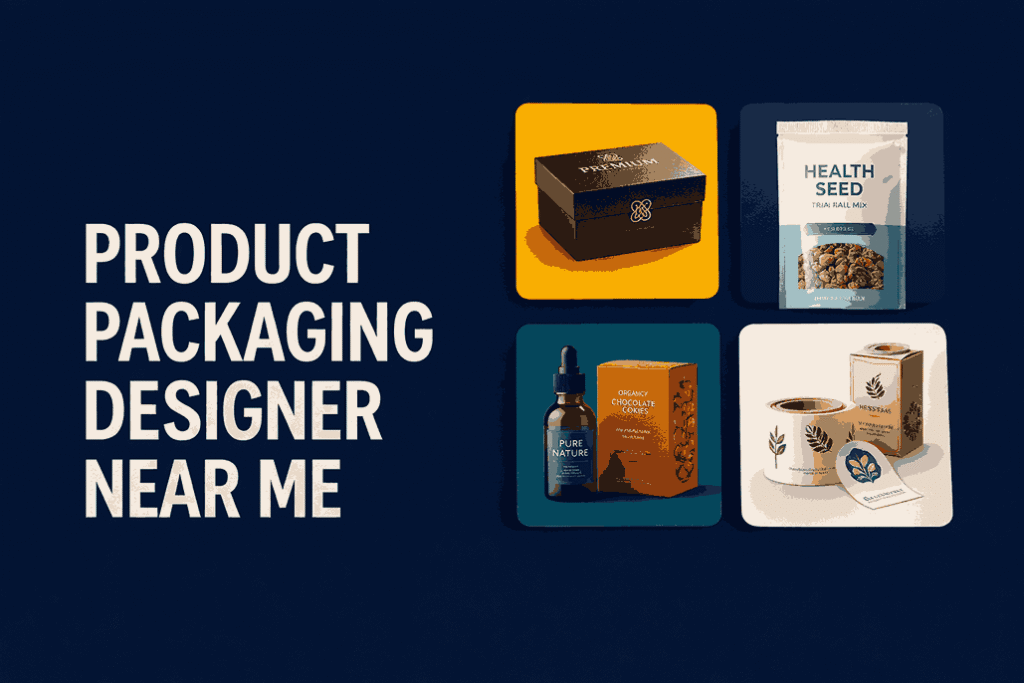 Product packaging designer near me cover image showcasing professional box, pouch, label, and bottle packaging designs