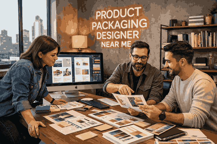 Product packaging designer near me collaborating in a modern creative studio with packaging layouts, color swatches, and professional design tools