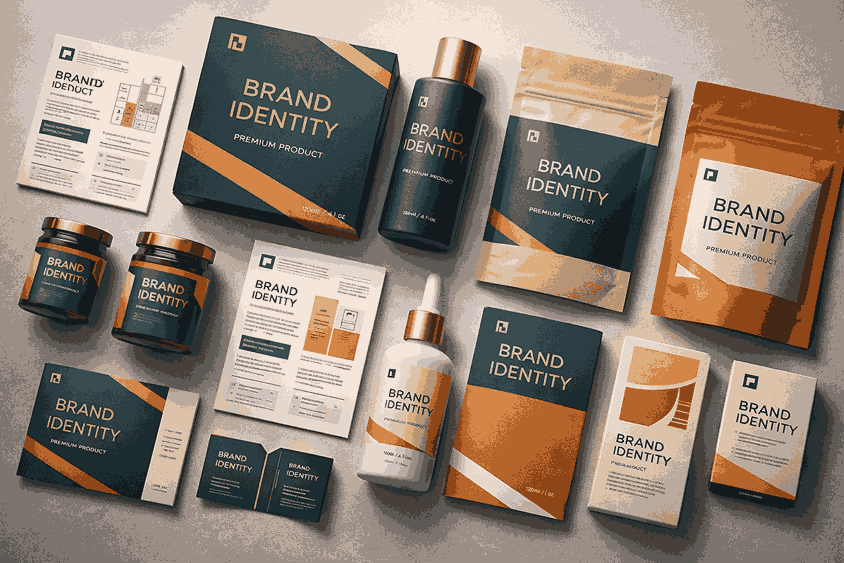Flat-lay view of multiple packaging designs by a Product Packaging Designer in India featuring boxes, pouches, labels, and bottles