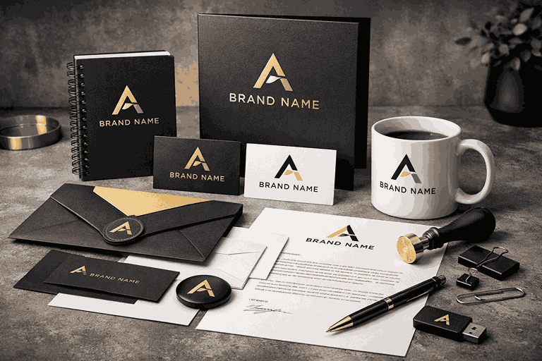 Creative branding identity display with logo cards, stationery, envelopes, and coffee mug showcasing professional brand identity design