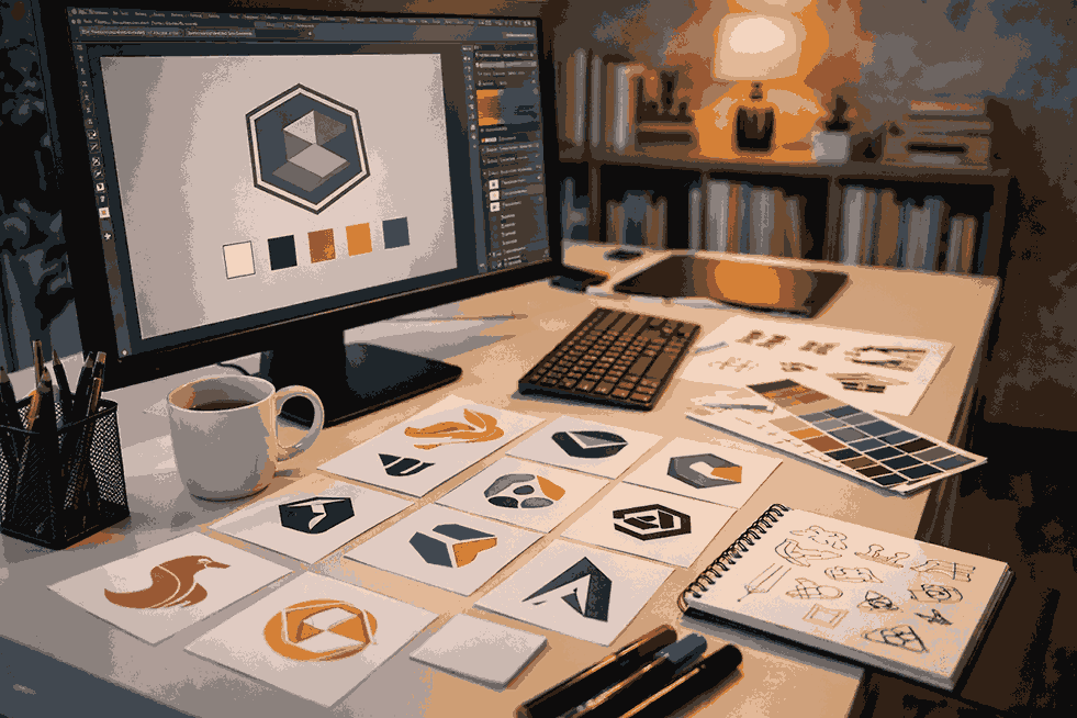 Graphic designer workspace with computer showing logo design software, printed logo cards, sketch pad, markers and color swatches on desk