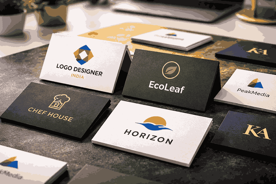 Logo design business cards arranged in perspective view on desk professional branding mockup