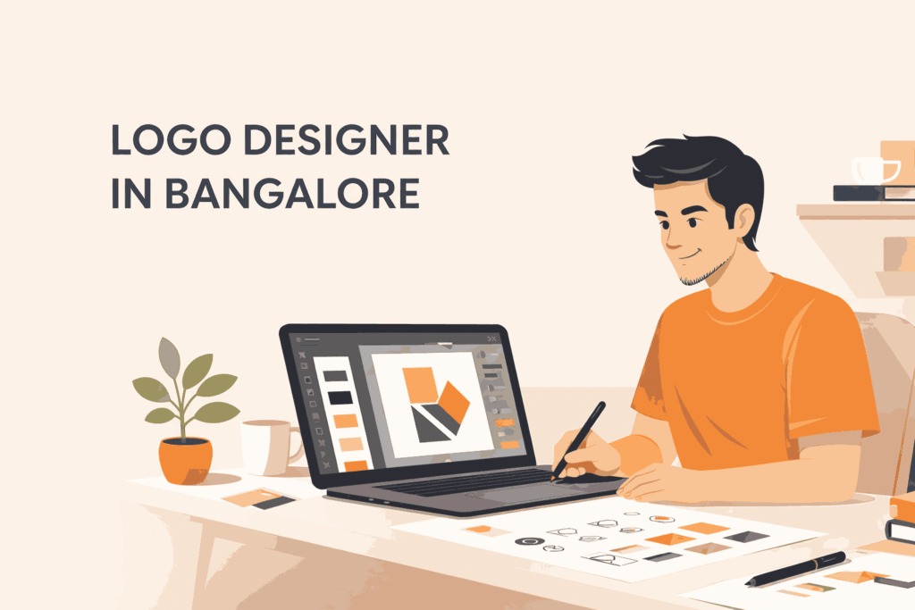 Illustration of a professional logo designer in Bangalore working on a laptop creating a geometric logo in a modern minimalist workspace.