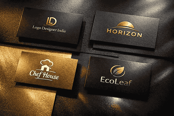 Luxury branding mockup created by a logo designer in Bangalore showing premium logo designs on black, grey, and gold textured backgrounds.
