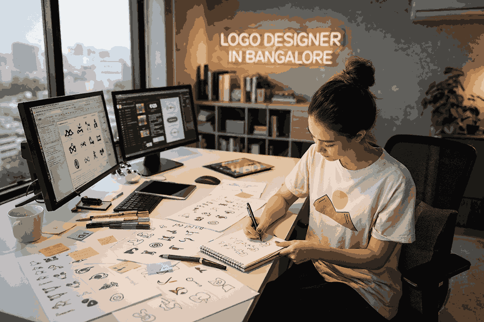 Professional logo designer in Bangalore sketching logo concepts in a modern studio with dual monitors and branding tools.