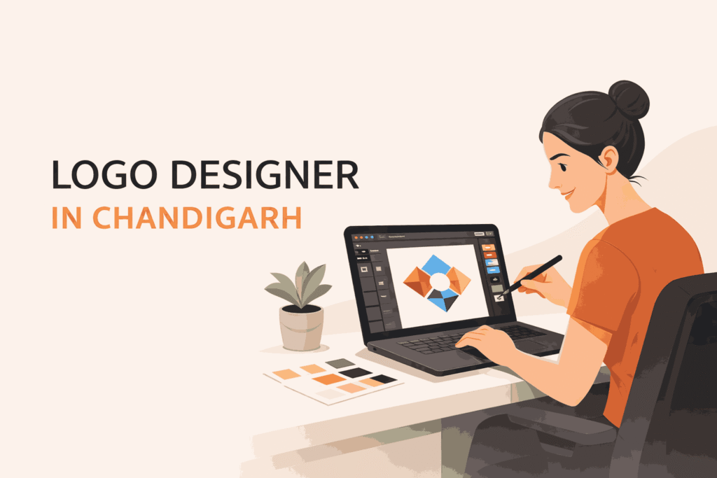 Logo designer in Chandigarh working on logo design using laptop and stylus modern illustration blog cover