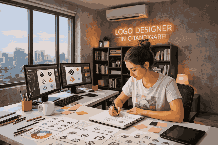 Logo designer in Chandigarh working in modern studio sketching logo design concepts at desk with computer and design tools