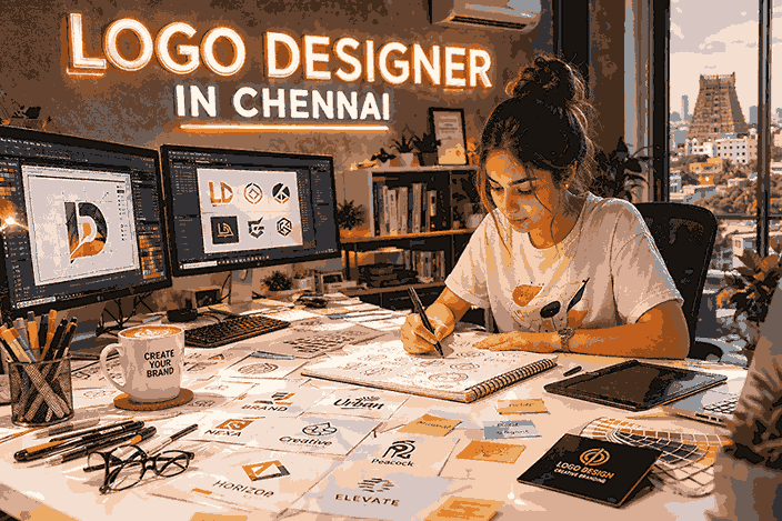 Professional logo designer in Chennai sketching logo concepts in a modern studio with dual monitors and branding materials.