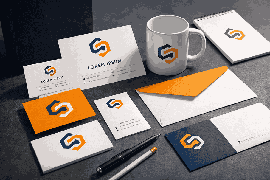Brand identity mockup created by a professional logo designer in Delhi showing logo on business cards, envelopes, stationery, and coffee mug.