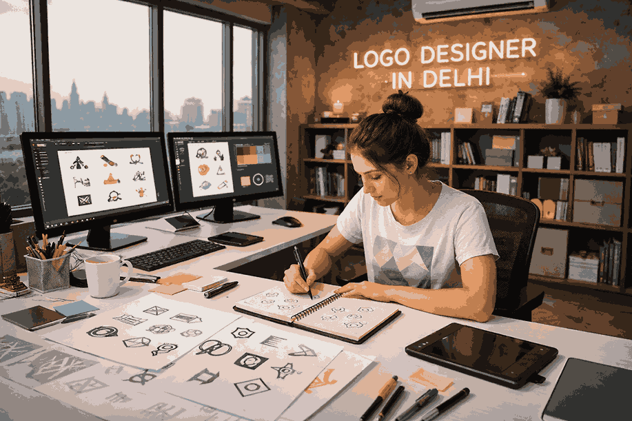 Professional logo designer in Delhi sketching logo concepts in a modern studio workspace with computer screens displaying branding designs.