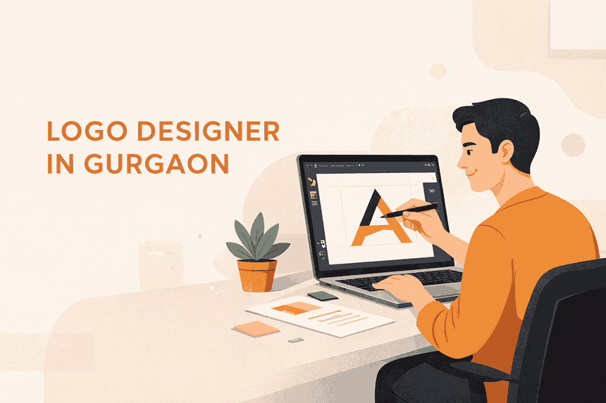Logo designer in Gurgaon working on geometric logo design using laptop and stylus in a modern minimalist workspace illustration