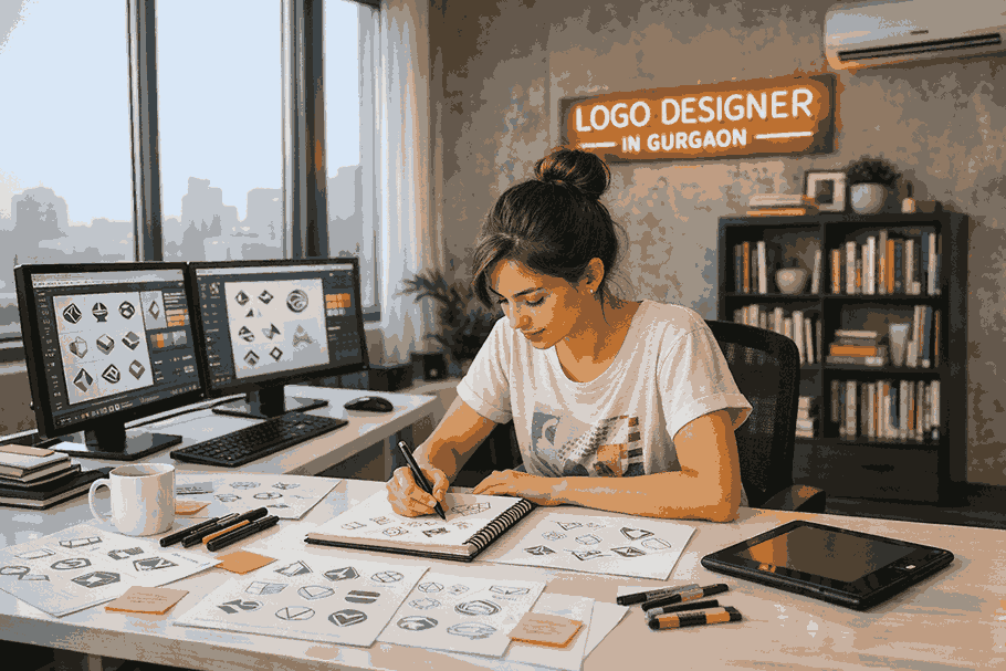 Professional logo designer in Gurgaon creating custom logo concepts in a modern studio workspace