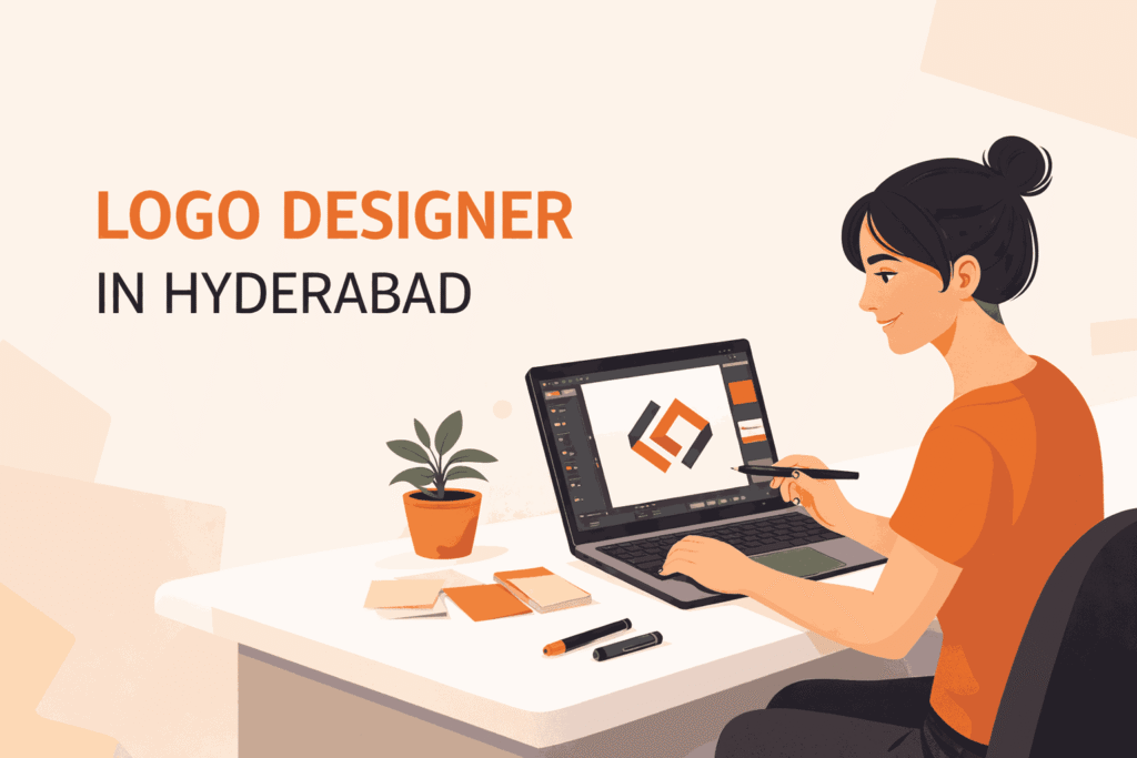 Illustration of a professional logo designer in Hyderabad working on a laptop creating a geometric logo in a modern minimalist workspace.