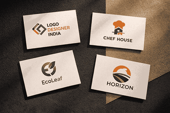 Business card branding mockup created by a logo designer in Hyderabad showing modern logo designs on black and gold background.