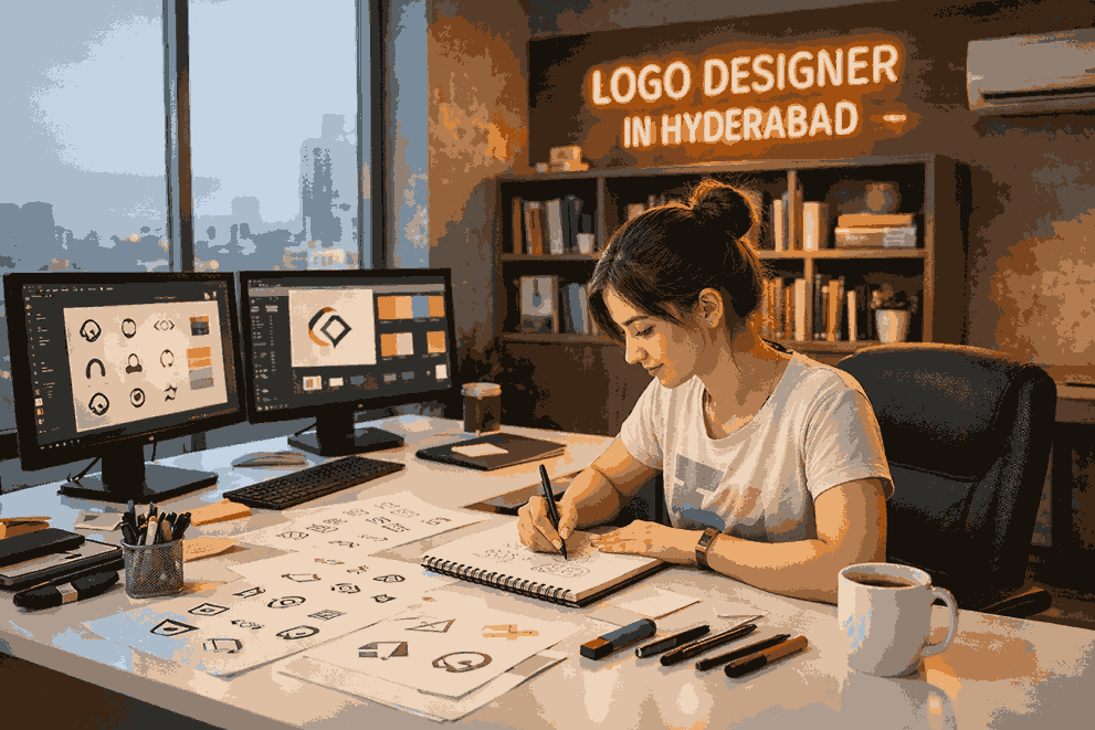 Professional logo designer in Hyderabad sketching logo ideas in a modern studio with dual monitors and branding materials.
