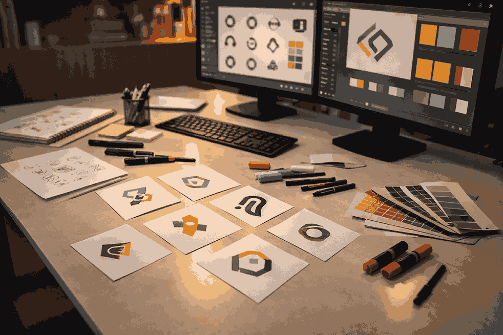 Professional logo designer in Hyderabad workspace showing logo design software, printed logo cards, and branding tools on desk.