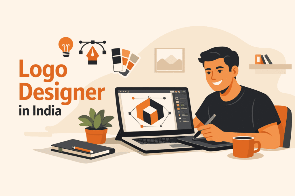 Logo designer in India working on laptop creating a geometric logo design in a modern minimalist workspace illustration