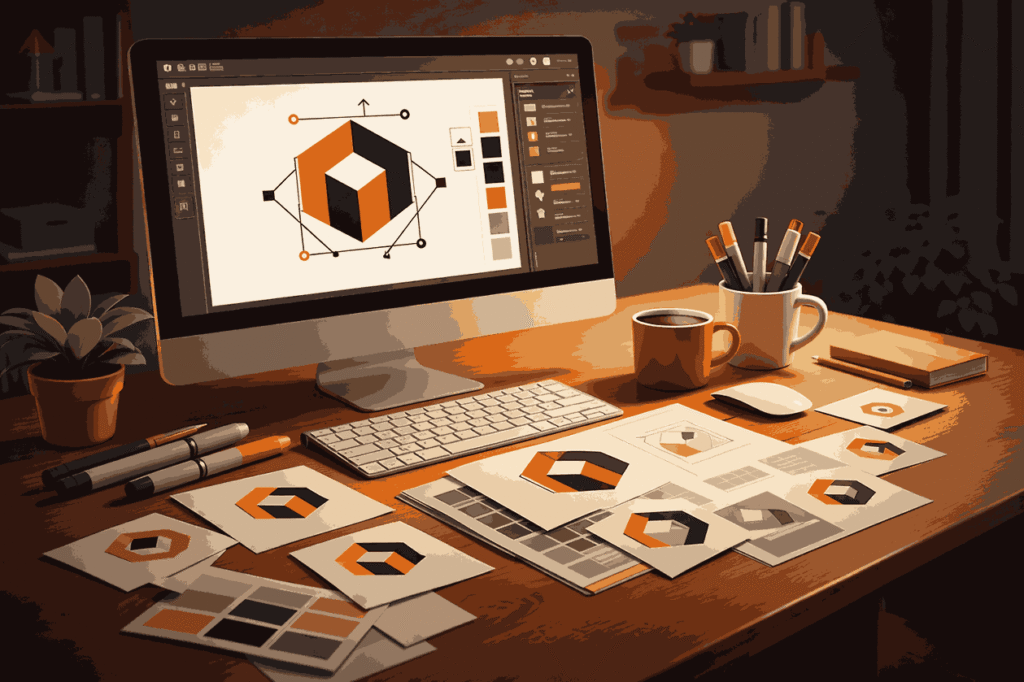 Logo designer in India workspace showing computer with logo design software, printed logo cards, sketch pad, markers, and color swatches on desk