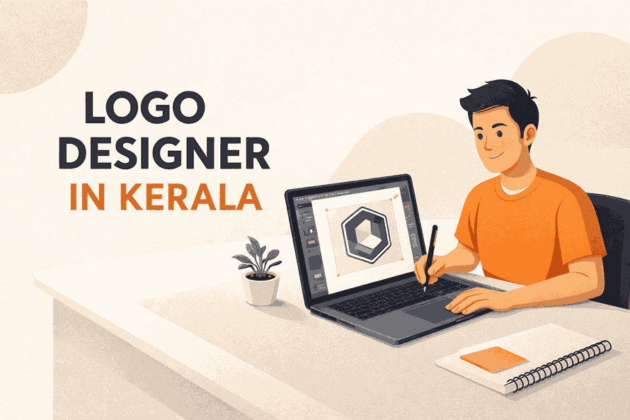 Flat illustration of logo designer in Kerala working on logo design using laptop and stylus in a modern minimalist workspace