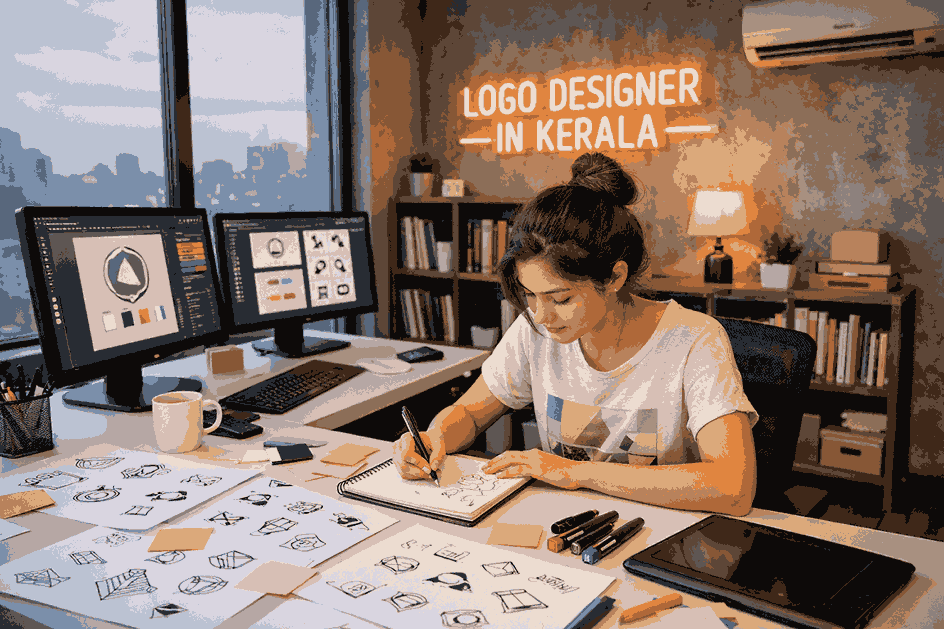Young female logo designer sketching logo concepts in a modern studio workspace with computer screens and neon sign logo designer in Kerala