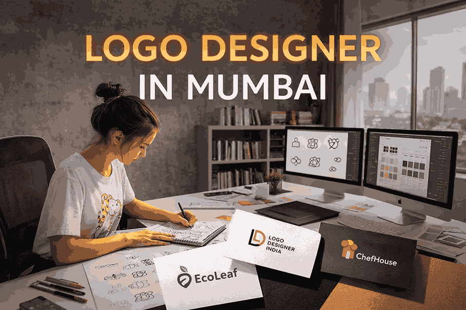 Logo designer in Mumbai working on logo concepts in a modern studio with branding materials and computer screens.