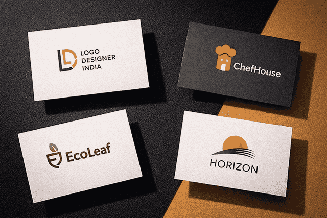 Business card branding mockup created by a logo designer in Mumbai showing modern logo designs on cards with black and gold background.