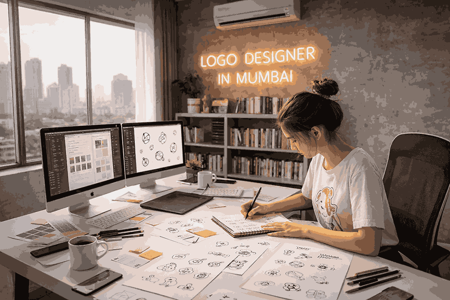 Professional logo designer in Mumbai sketching logo ideas in a modern studio with dual monitors and branding tools.
