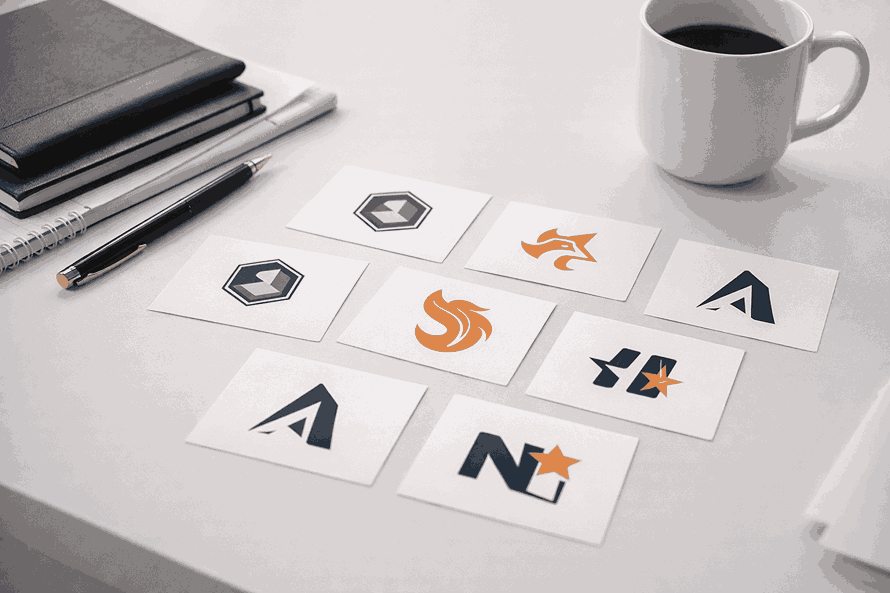 Minimalist white desk with business cards featuring creative logo designs, notebook, pen and coffee cup in modern corporate workspace