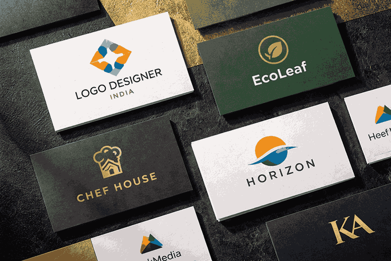 Modern business cards with different logo designs on black and gold background brand identity mockup