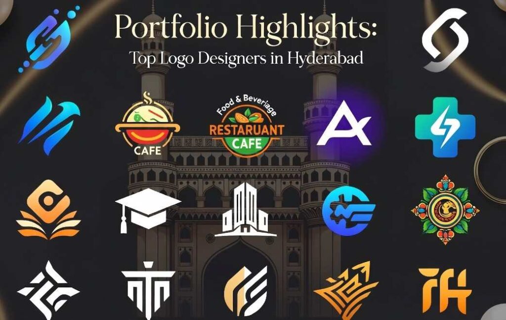 Best logo design portfolio by top Hyderabad logo designers featuring diverse industry logos with Charminar inspired background