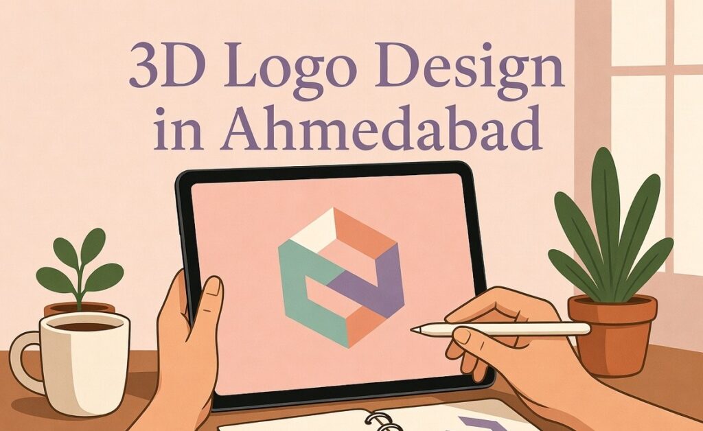 3D Logo Design in Ahmedabad - Professional graphic designer creating modern 3D logo on laptop and notepad in creative workspace