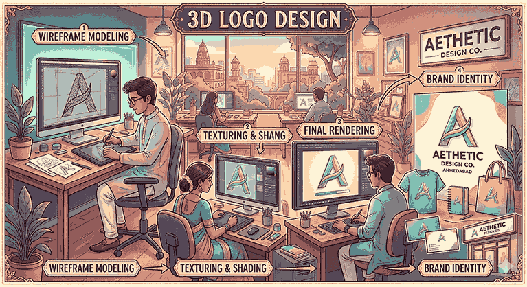 A vibrant pastel infographic illustration detailing the four stages of a 3D logo design process—Wireframe Modeling, Texturing & Shading, Final Rendering, and Brand Identity—within a bustling Ahmedabad creative studio, with local architecture visible outside the window.