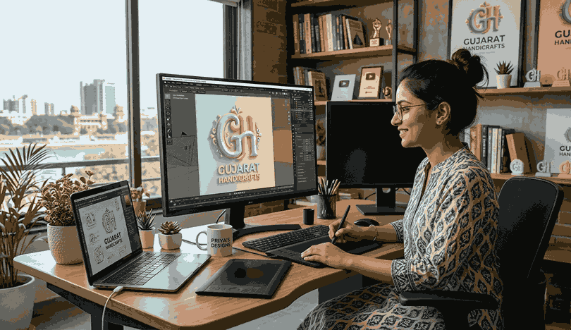 A professional female graphic designer in Ahmedabad working on a 3D logo design for 'Gujarat Handicrafts' using a graphic tablet and monitor, with a city view from the window.