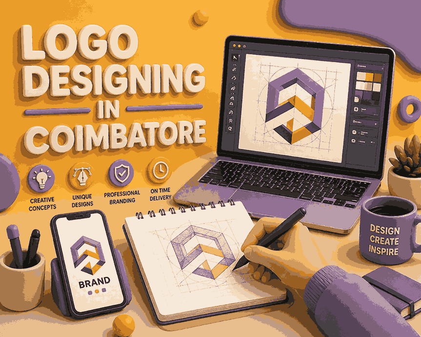3D logo designing in Coimbatore with designer creating geometric logo on laptop, notepad and smartphone brand display