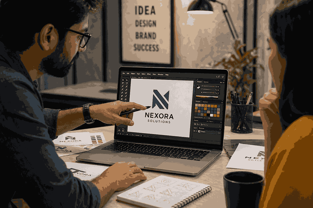 Graphic designer pointing at laptop screen with logo design software and color palette swatches while discussing with client