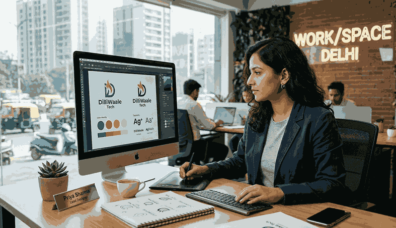 Professional logo designer in Delhi workspace with minimalist geometric logo on laptop and hand sketching branding concepts on notebook