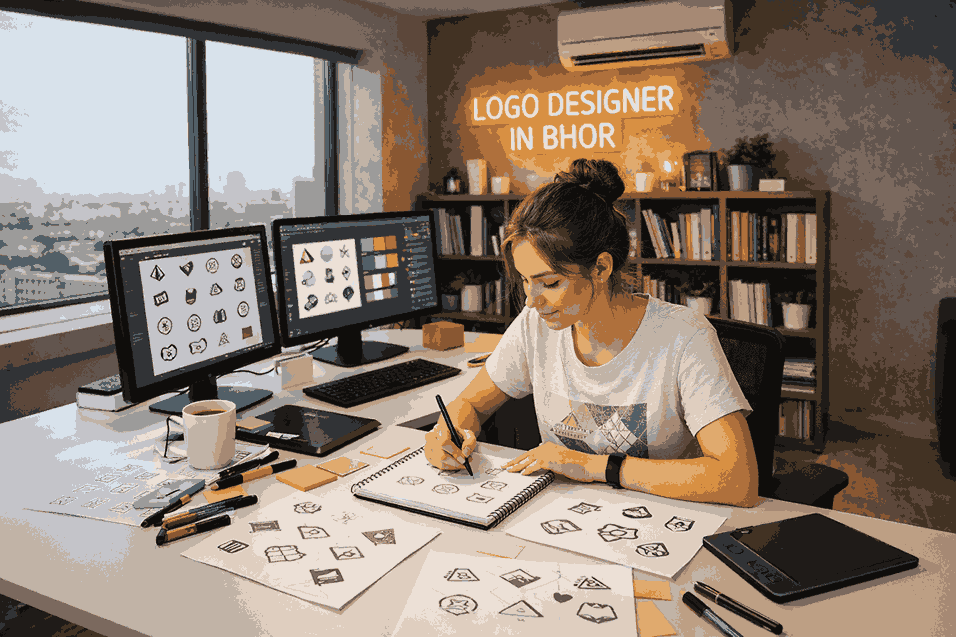 Female logo designer in Bhor sketching logo ideas in a modern studio workspace with dual monitors and creative tools