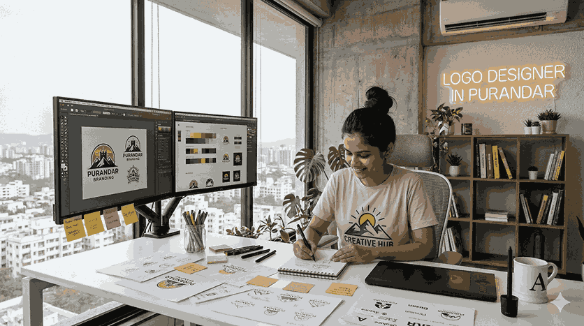 A professional female logo designer in Purandar, Pune, sketching branding concepts at a modern workspace with dual monitors showing vector designs and a city view.