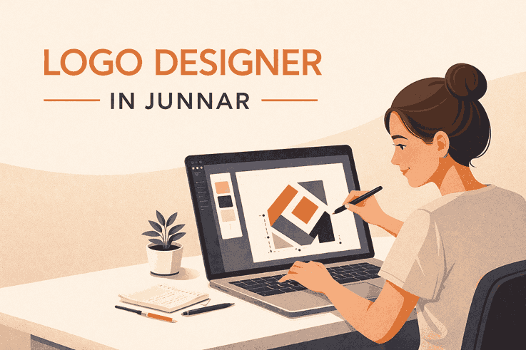Flat minimalist illustration of a logo designer in Junnar creating a geometric logo on laptop in a modern workspace