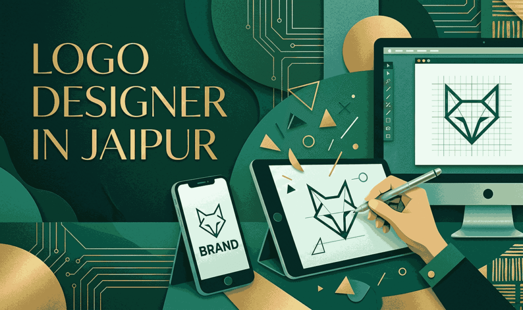 Flat illustration of a female graphic designer drawing a geometric wolf logo on a tablet in a green and gold paper-cut style workspace in Jaipur. The logo is displayed on a monitor and smartphone with the word "BRAND". The text "LOGO DESIGNER IN JAIPUR" is on the left.