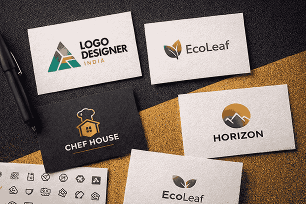 Landscape flat lay of modern business cards with logo designs like Logo Designer India, EcoLeaf, Chef House and Horizon on black and gold background
